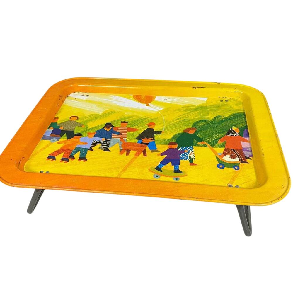 VTG Metal TV Lap Serving Tray Folding Roller Skates Kids Playing People Walking